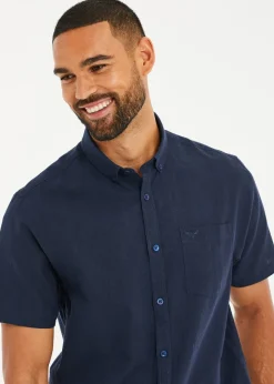 Threadbare Navy Dragon Cotton-Linen Blend Short-Sleeve Shirt