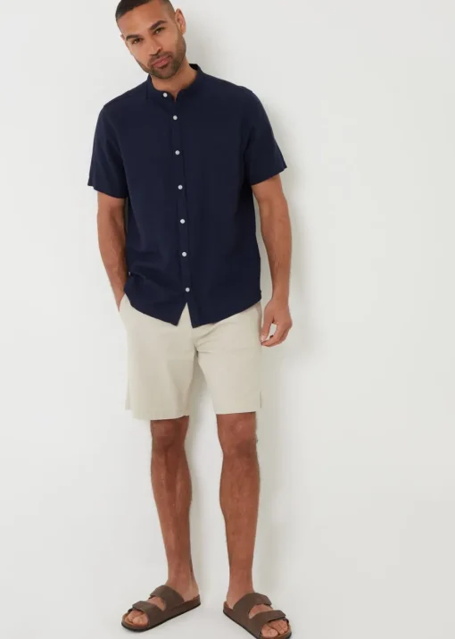 Threadbare Navy Grandad Collar Linen Blend Short Sleeve Shirt