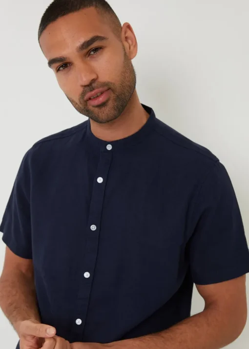 Threadbare Navy Grandad Collar Linen Blend Short Sleeve Shirt