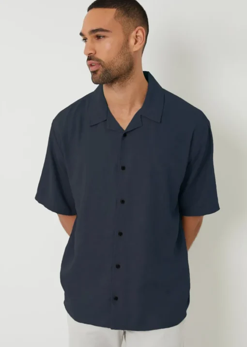 Threadbare Navy Kylian Linen Blend Revere Collar Short Sleeve Shirt