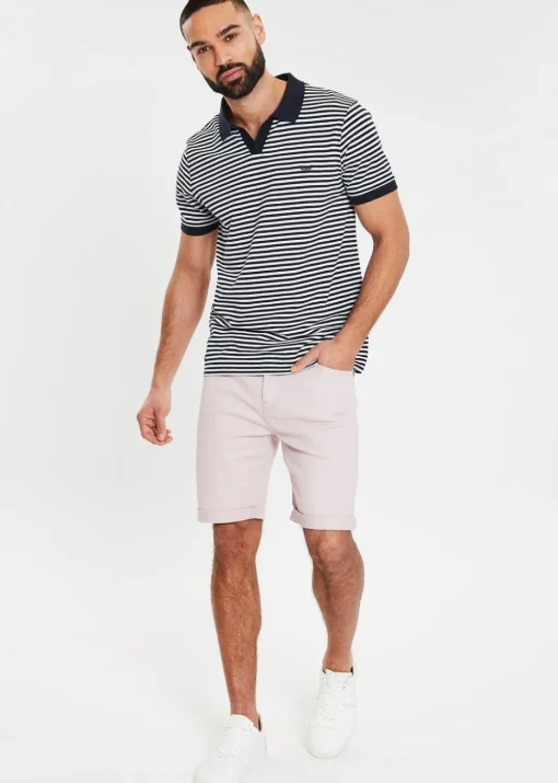 Threadbare Navy Open Collar Striped Pique Polo Shirt