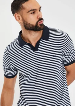 Threadbare Navy Open Collar Striped Pique Polo Shirt