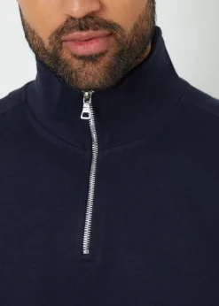 Threadbare Navy Pique Quarter Zip Funnel Neck Sweatshirt