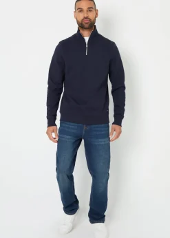 Threadbare Navy Pique Quarter Zip Funnel Neck Sweatshirt