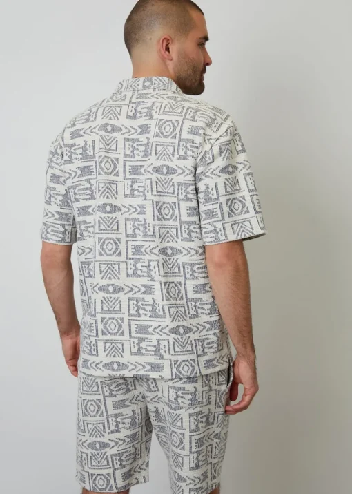 Threadbare Navy Printed Textured Relaxed Fit Short Sleeve Shirt