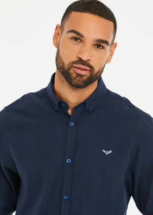 Threadbare Navy Slim Fit Linen Blend Long Sleeve Shirt