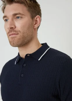 Threadbare Navy Textured Front Tipping Collar Knitted Polo Shirt