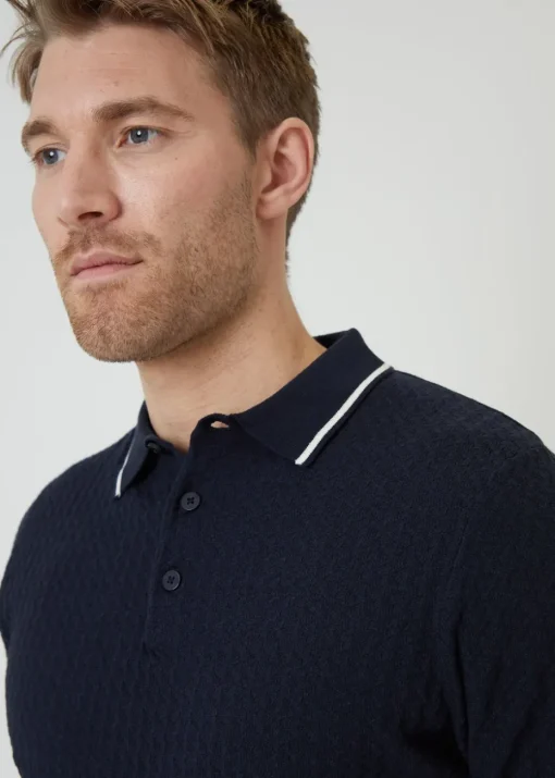 Threadbare Navy Textured Front Tipping Collar Knitted Polo Shirt
