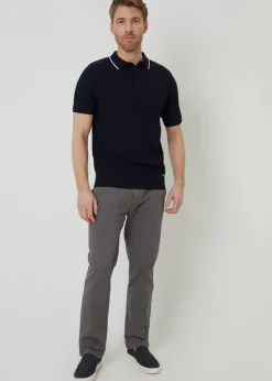 Threadbare Navy Textured Front Tipping Collar Knitted Polo Shirt