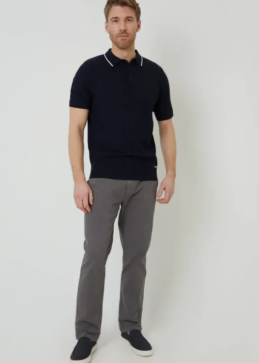 Threadbare Navy Textured Front Tipping Collar Knitted Polo Shirt