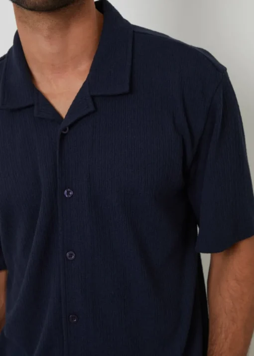 Threadbare Navy Textured Relaxed Fit Short Sleeve Shirt