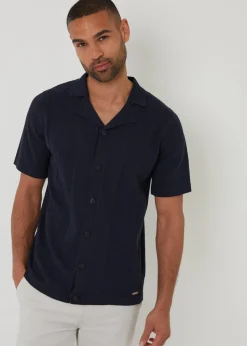 Threadbare Navy Textured Panel Revere Collar Knitted Shirt