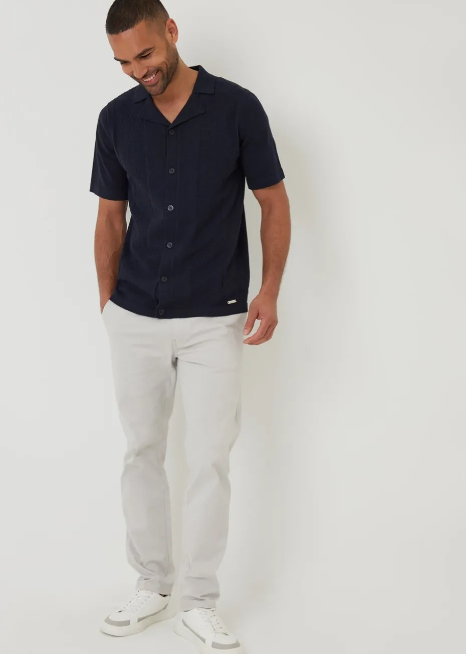 Threadbare Navy Textured Panel Revere Collar Knitted Shirt