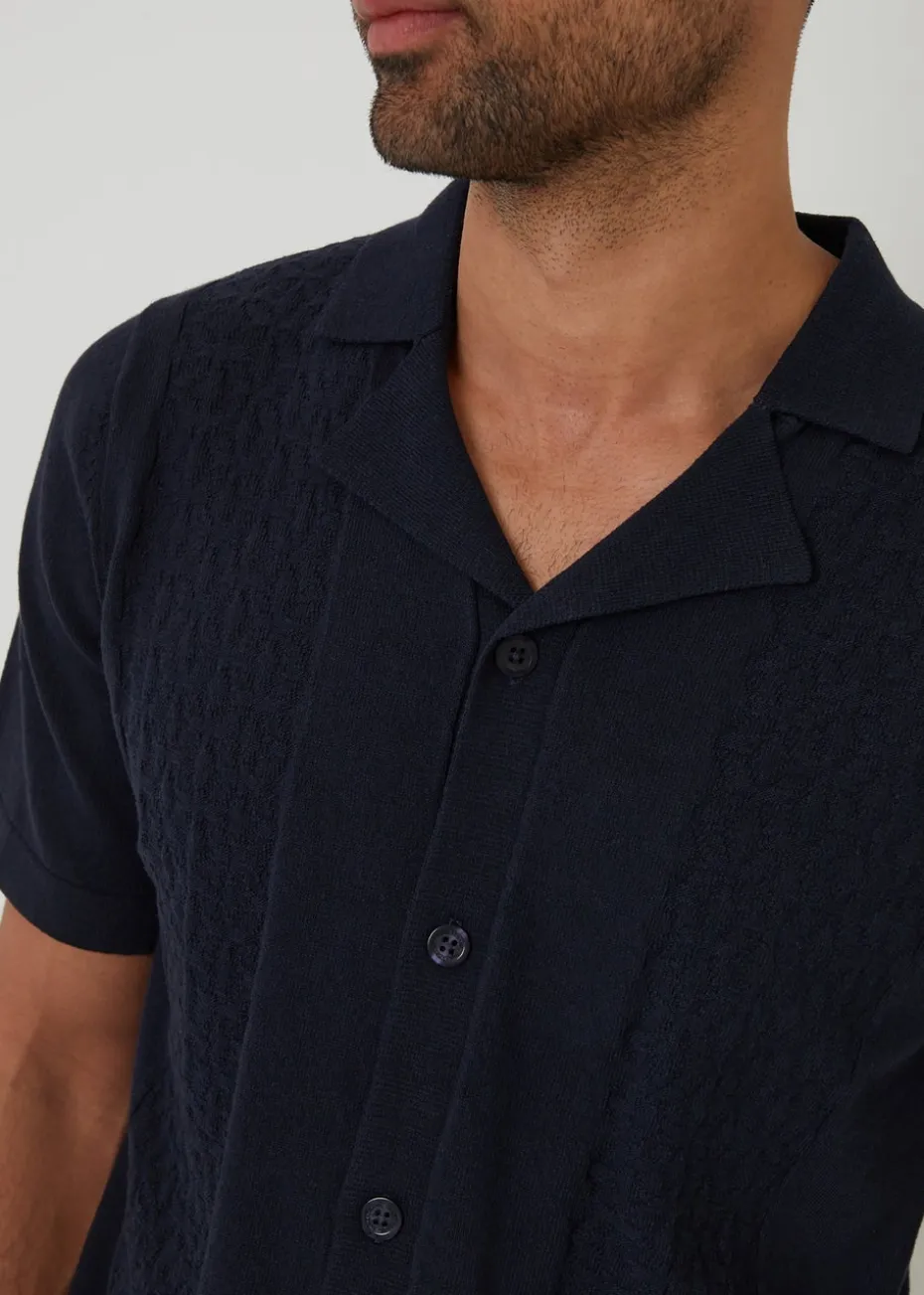 Threadbare Navy Textured Panel Revere Collar Knitted Shirt