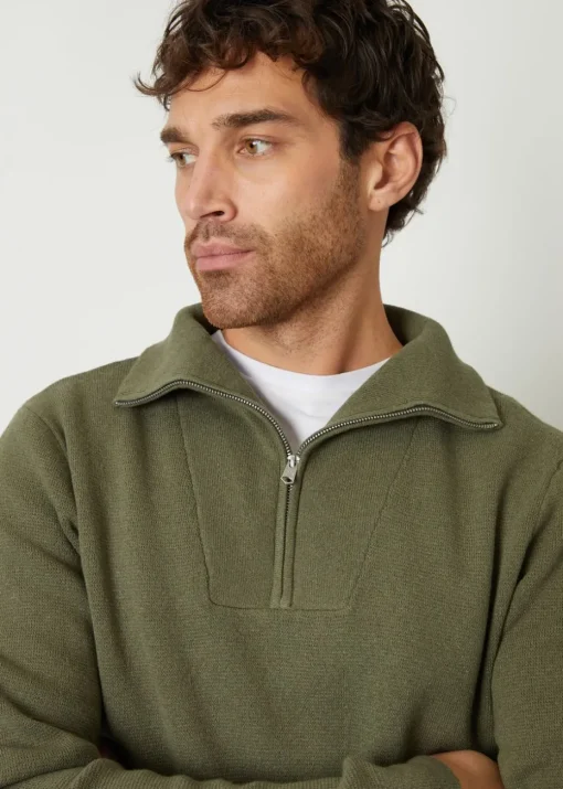Threadbare Olive Rib Panel Quarter Zip Jumper