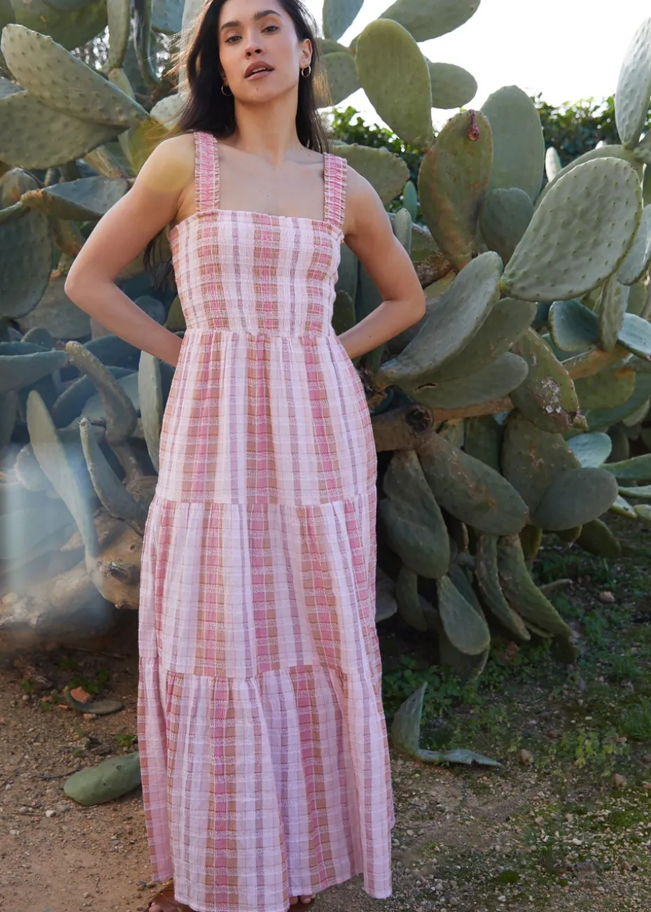 Threadbare Pink Check Shirred Guaze Tiered Midi Dress