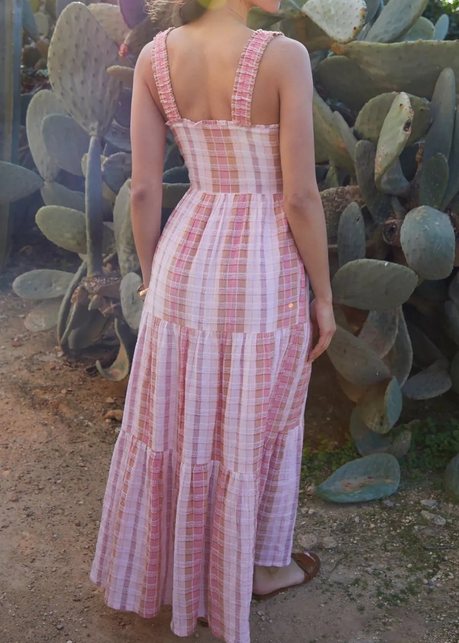 Threadbare Pink Check Shirred Guaze Tiered Midi Dress