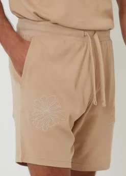 Threadbare Stone Floral Embroidered Cotton Sweat Shorts