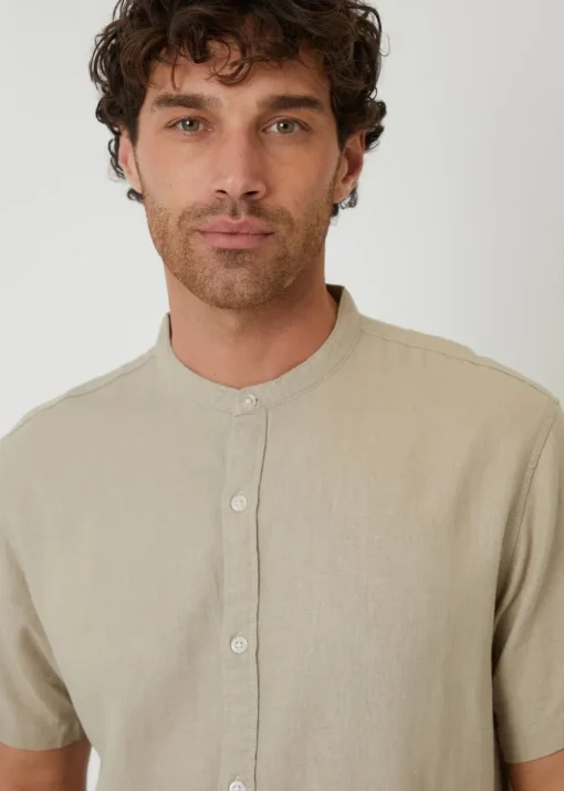 Threadbare Stone Grandad Collar Linen Blend Short Sleeve Shirt