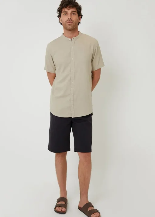 Threadbare Stone Grandad Collar Linen Blend Short Sleeve Shirt