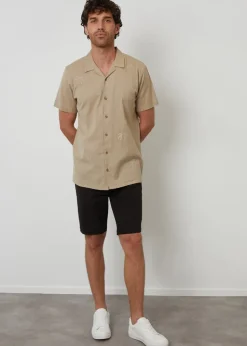 Threadbare Stone Linen Blend Palm Embroidered Short Sleeve Shirt