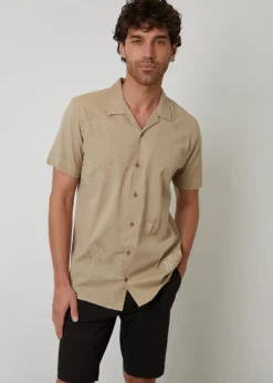 Threadbare Stone Linen Blend Palm Embroidered Short Sleeve Shirt