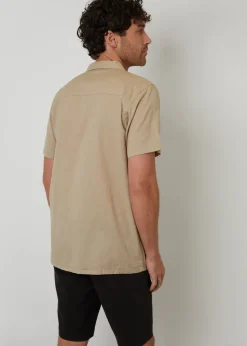 Threadbare Stone Linen Blend Palm Embroidered Short Sleeve Shirt