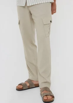 Threadbare Stone Linen Blend Cargo Trousers