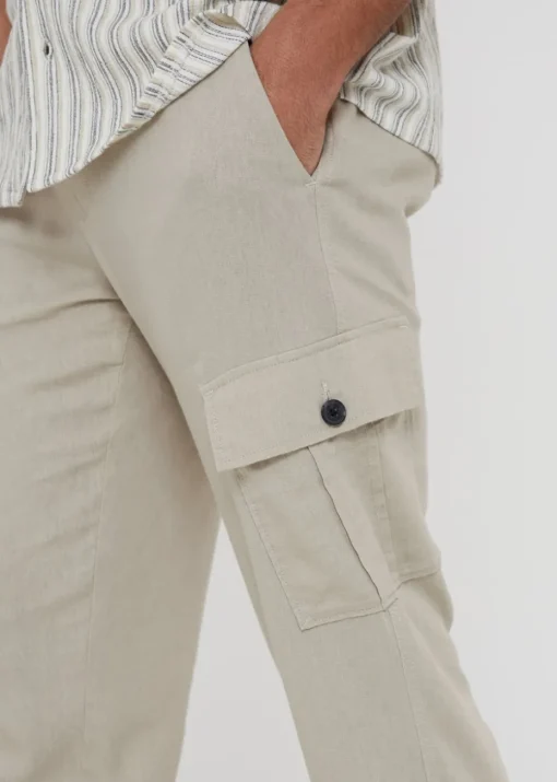 Threadbare Stone Linen Blend Cargo Trousers