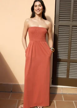 Threadbare Terracotta Cotton Jersey Bandeau Maxi Dress with Pockets