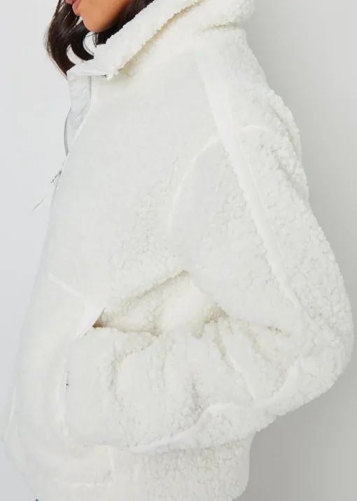 Threadbare White Funnel Neck Zip-Up Borg Fleece