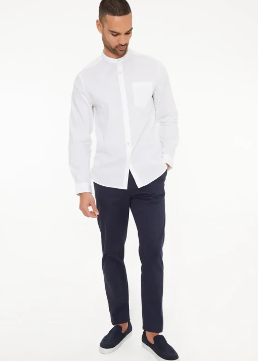 Threadbare White Linen Blend Long Sleeve Grandad Collar Shirt