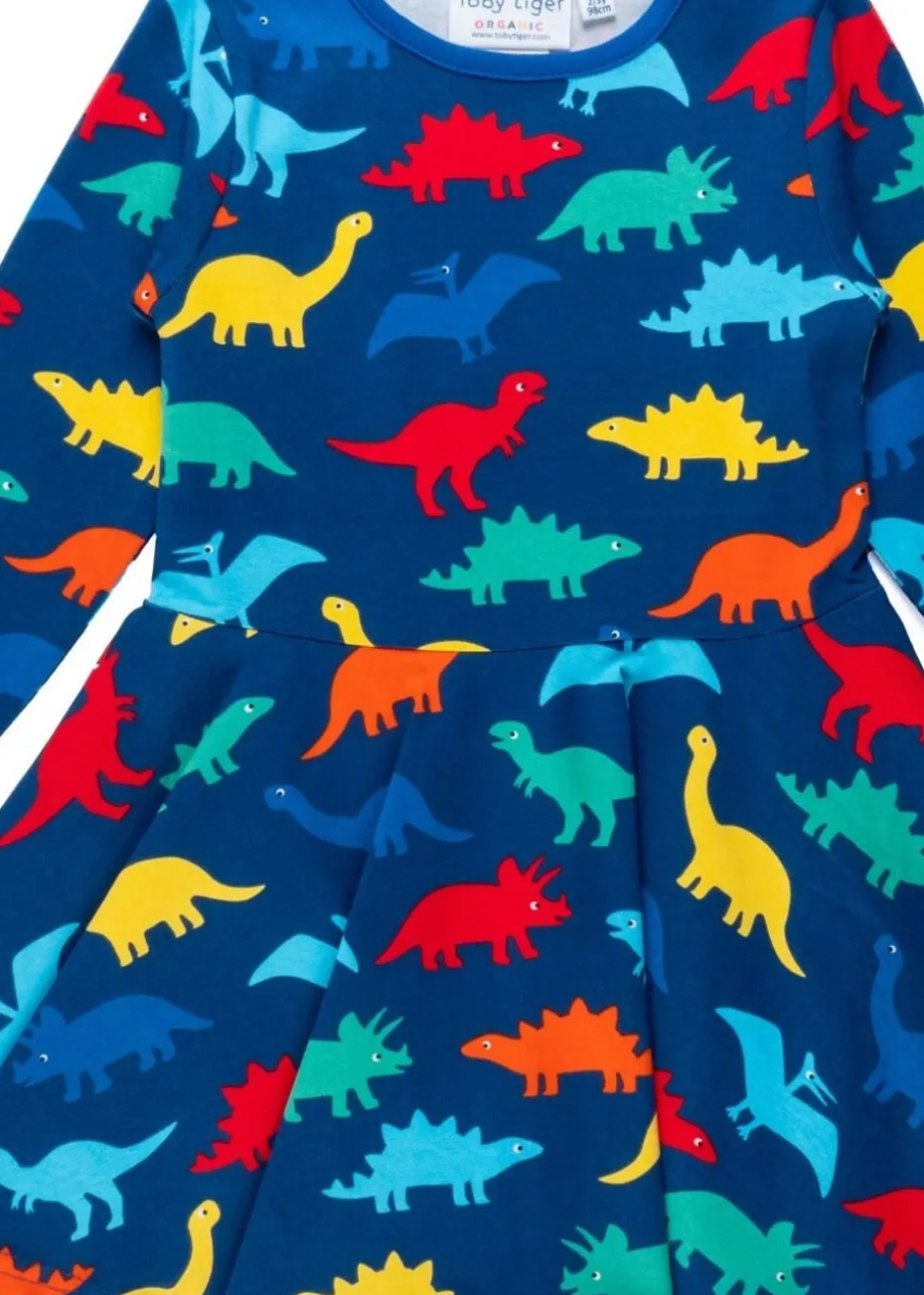 Toby Tiger Organic Multi Colour Rainbow Dinosaur Print Skater Dress (12 months - 8 years)