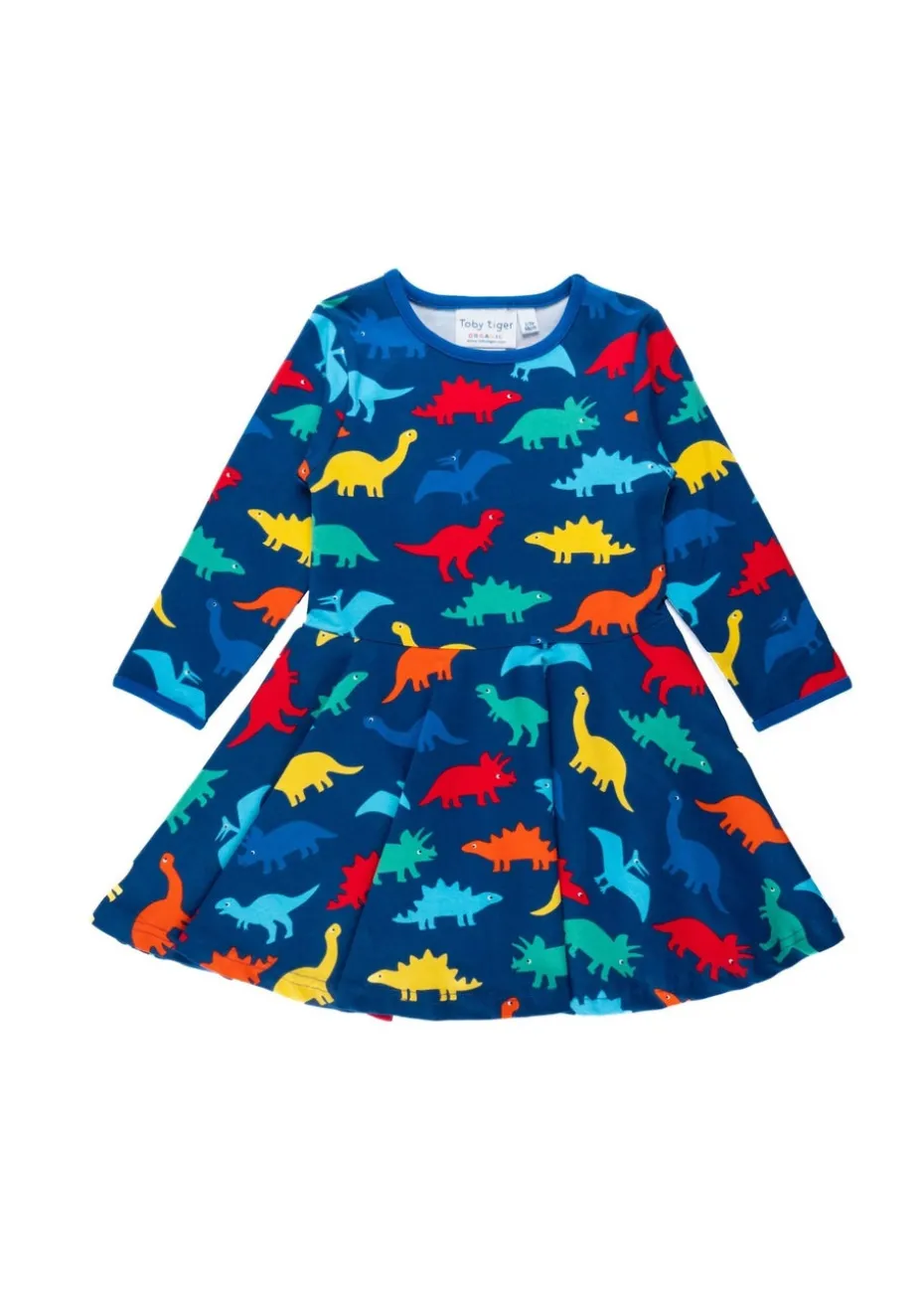 Toby Tiger Organic Multi Colour Rainbow Dinosaur Print Skater Dress (12 months - 8 years)