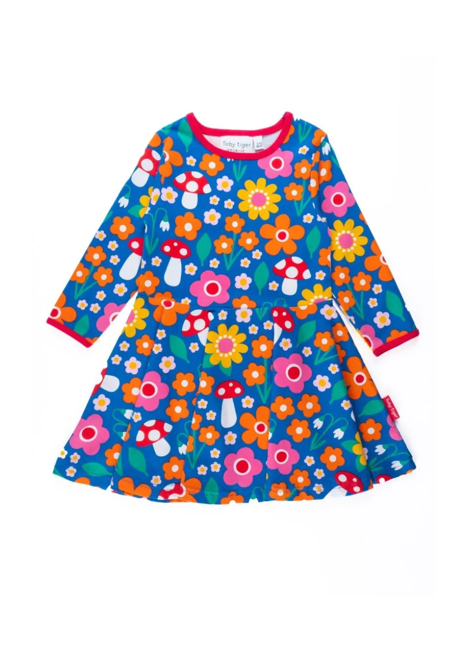 Toby Tiger Organic Multi Colour Floral Mushroom Print Long-Sleeved Skater Dress (12 months - 8 years)