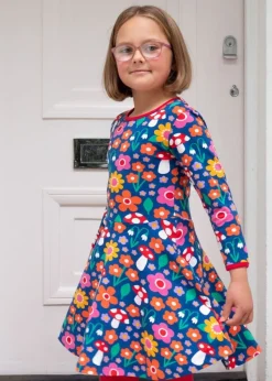 Toby Tiger Organic Multi Colour Floral Mushroom Print Long-Sleeved Skater Dress (12 months - 8 years)