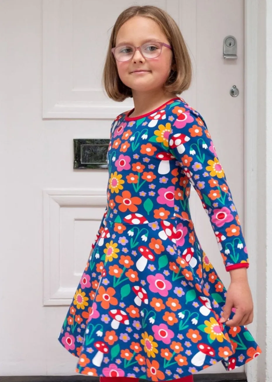 Toby Tiger Organic Multi Colour Floral Mushroom Print Long-Sleeved Skater Dress (12 months - 8 years)