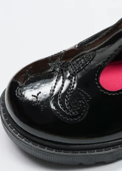 ToeZone Black Ellie Patent Coated Leather Rip Tape Unicorn School Shoe (Younger 8- Older 3)