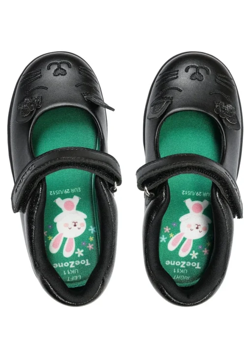 ToeZone Girls Black Amy Coated Leather Bunny School Shoe (Younger 8 - Older 2)