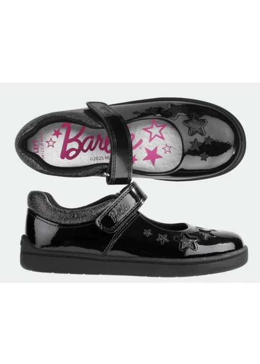 ToeZone Girls Black Barbie Patent Rip Tape School Shoe
