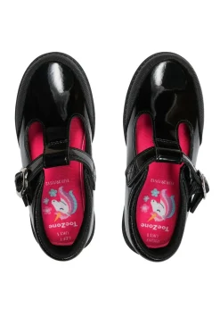 ToeZone Girls Black Clover Patent Coated Leather T-Bar Flower School Shoe (Younger 8 - Older 2)