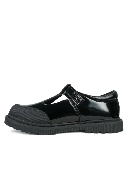 ToeZone Girls Black Clover Patent Coated Leather T-Bar Flower School Shoe (Younger 8 - Older 2)