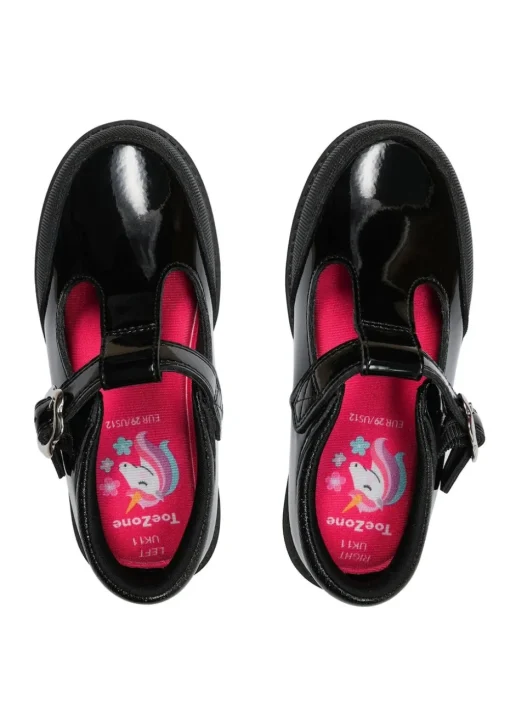 ToeZone Girls Black Clover Patent Coated Leather T-Bar Flower School Shoe (Younger 8 - Older 2)