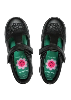 ToeZone Girls Black Kat Coated Leather Rip Tape Flower School Shoe (Younger 6 - 13)