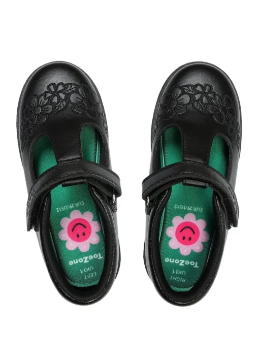 ToeZone Girls Black Kat Coated Leather Rip Tape Flower School Shoe (Younger 6 - 13)