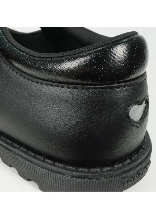 ToeZone Girls Black Kat Coated Leather Rip Tape Flower School Shoe (Younger 6 - 13)
