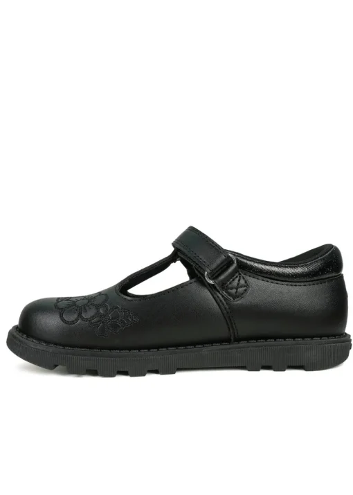 ToeZone Girls Black Kat Coated Leather Rip Tape Flower School Shoe (Younger 6 - 13)