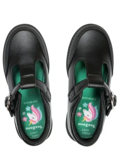 ToeZone Girls Black May Coated Leather T-Bar Unicorn School Shoe (Younger 8 - Older 2)