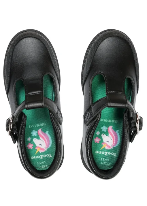 ToeZone Girls Black May Coated Leather T-Bar Unicorn School Shoe (Younger 8 - Older 2)