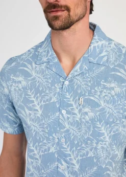 Tokyo Laundry Blue Cotton Printed Chambray Short Sleeve Shirt